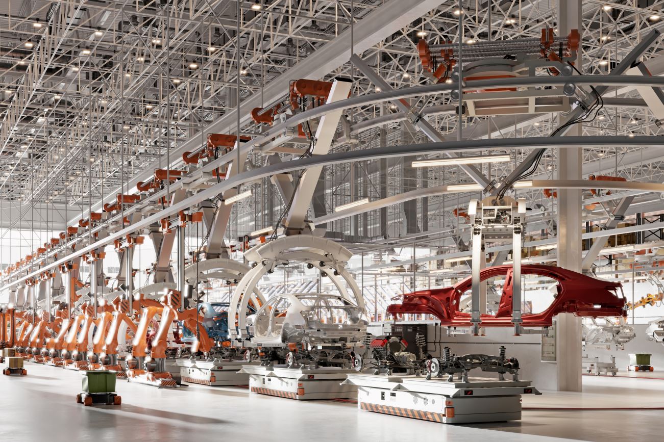 Car factory production line in 3d. Large conveyor with car body frames on the assembly line in vehicle manufacturing plant.