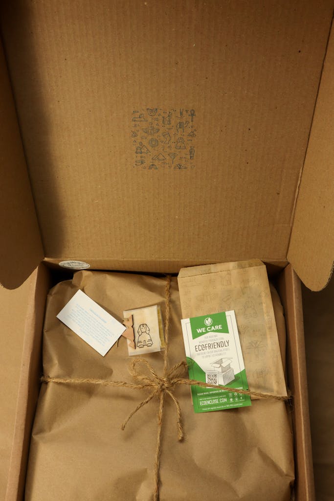 Sustainable packaging with eco-friendly materials inside an open cardboard box.